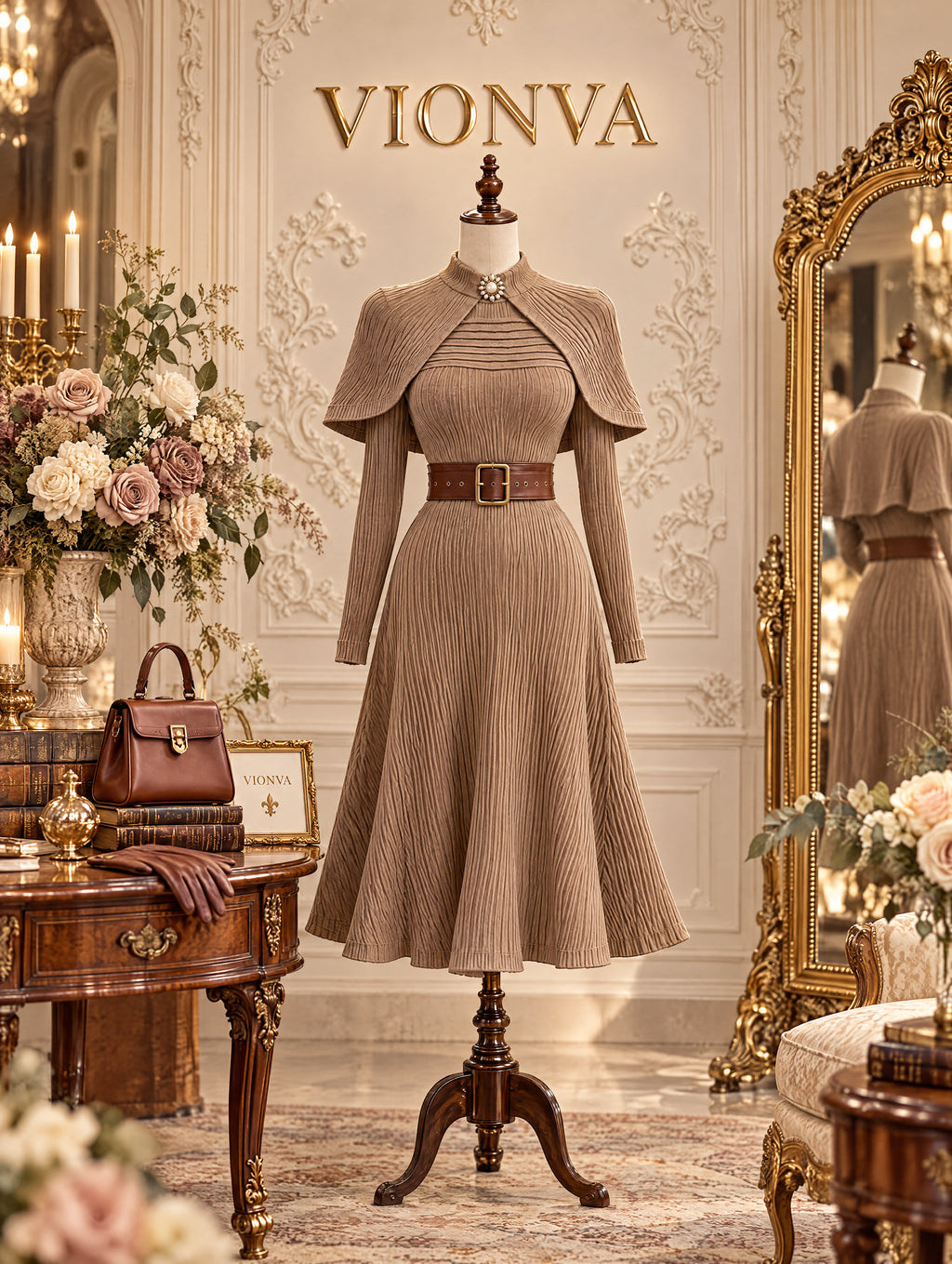 Vintage Ribbed Knit Cape & Dress Set