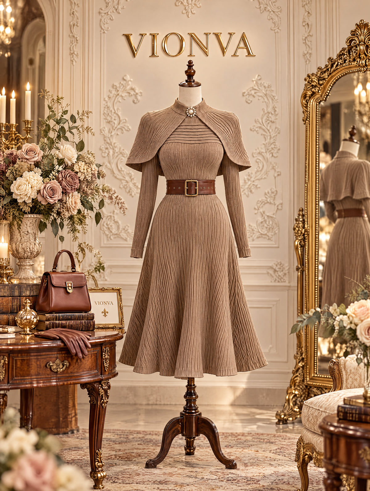 Vintage Ribbed Knit Cape & Dress Set
