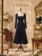 Vintage Ribbed Square Neck Tie Midi Dress
