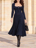 Vintage Ribbed Square Neck Tie Midi Dress