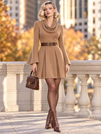 Vintage Cowl Neck Flared Sleeve Belted Mini Dress