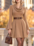 Vintage Cowl Neck Flared Sleeve Belted Mini Dress