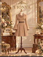 Vintage Cowl Neck Flared Sleeve Belted Mini Dress