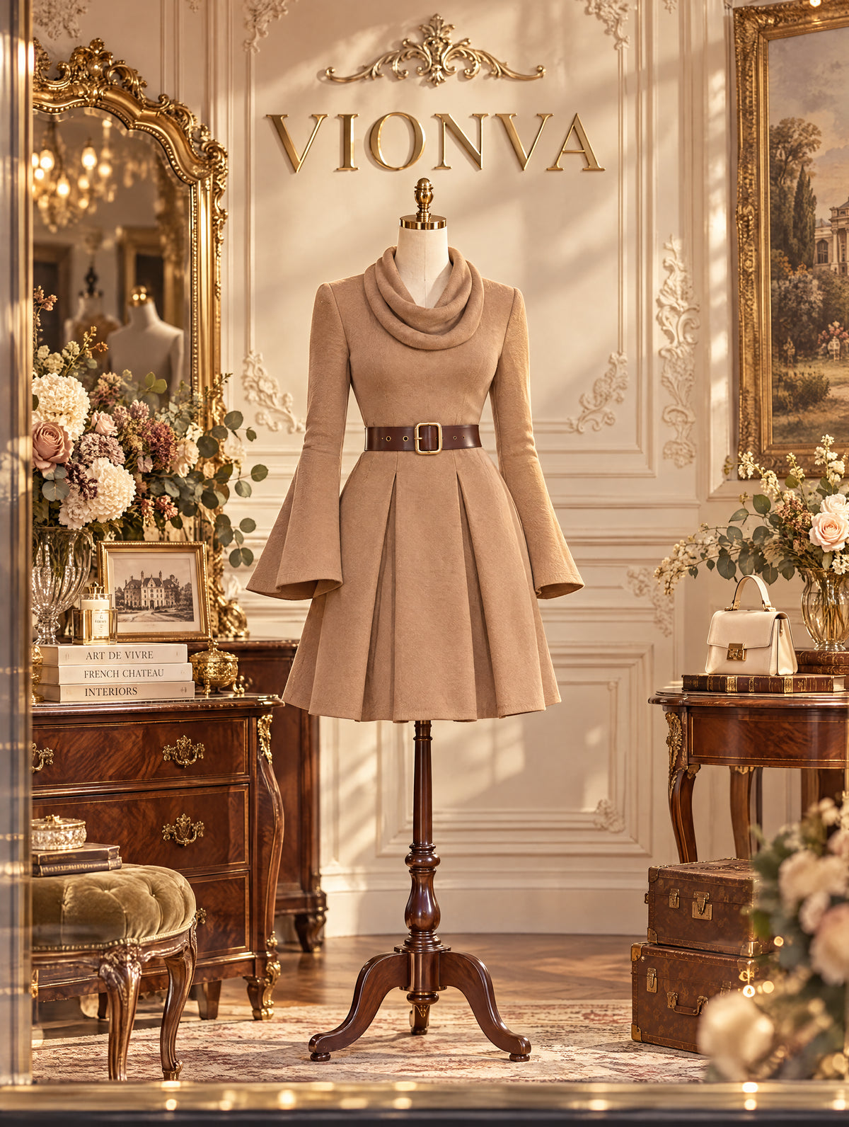 Vintage Cowl Neck Flared Sleeve Belted Mini Dress