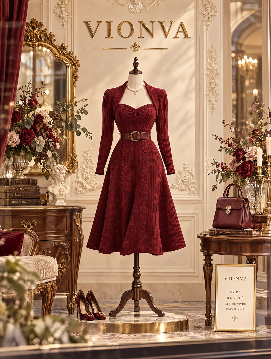 Vintage Cable Knit Sweetheart Midi Dress