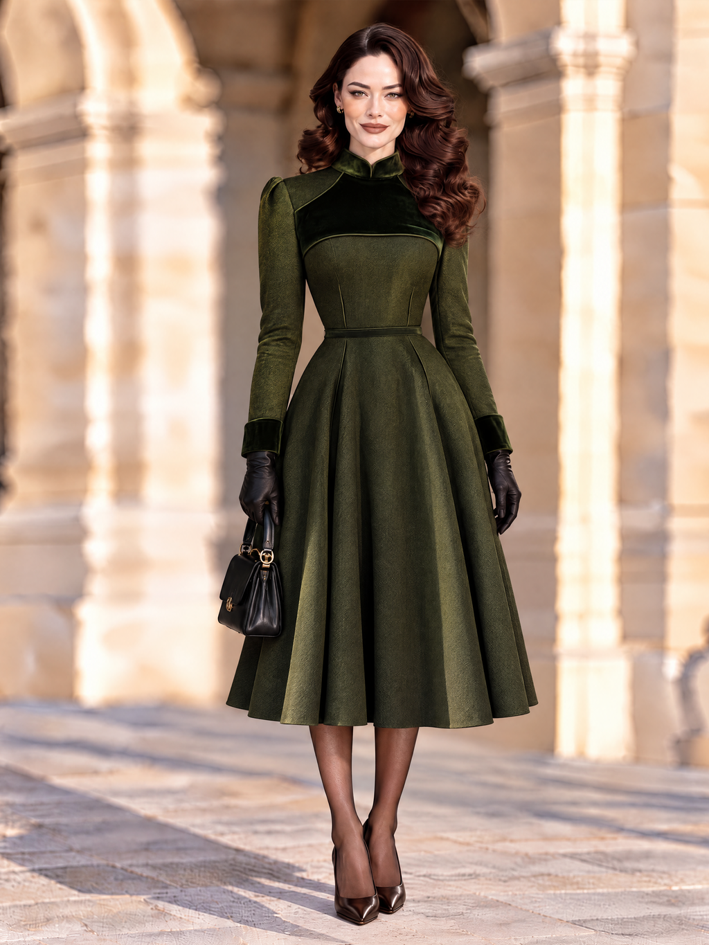 Vintage Velvet Collar Wool Blend Midi Dress