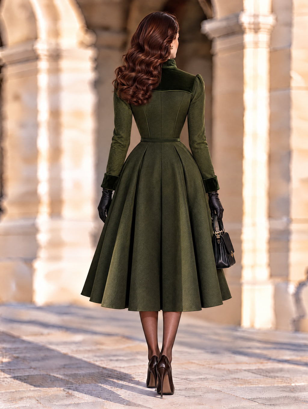 Vintage Velvet Collar Wool Blend Midi Dress