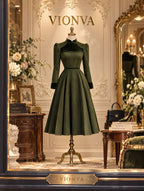 Vintage Velvet Collar Wool Blend Midi Dress