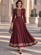 Vintage Burgundy Lace Trim Button Front Maxi Dress