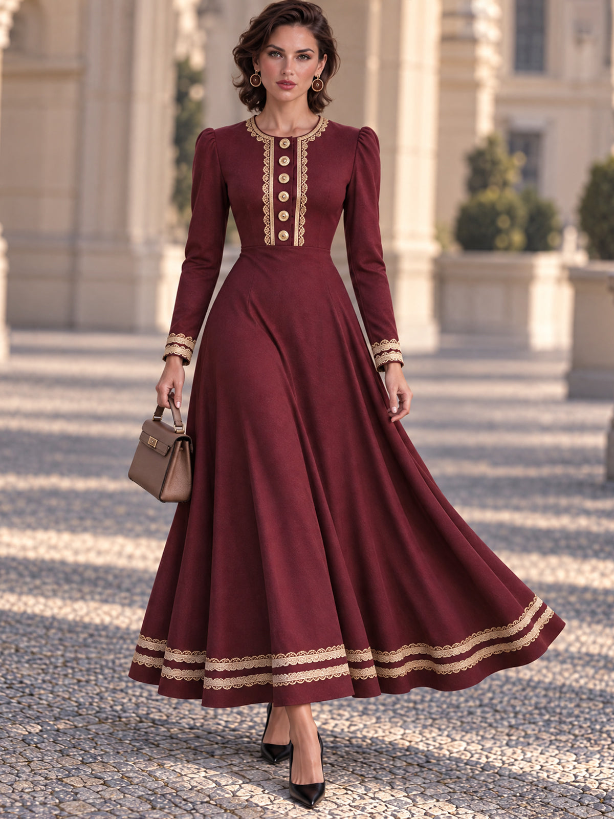 Vintage Burgundy Lace Trim Button Front Maxi Dress