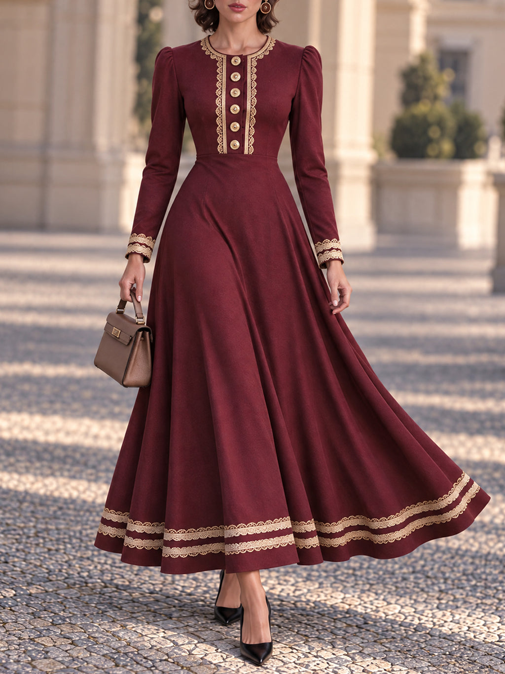 Vintage Burgundy Lace Trim Button Front Maxi Dress