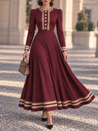 Vintage Burgundy Lace Trim Button Front Maxi Dress