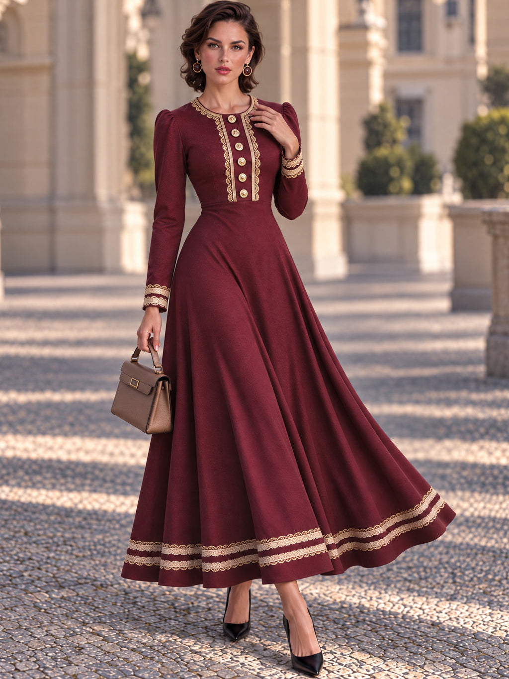 Vintage Burgundy Lace Trim Button Front Maxi Dress
