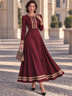 Vintage Burgundy Lace Trim Button Front Maxi Dress