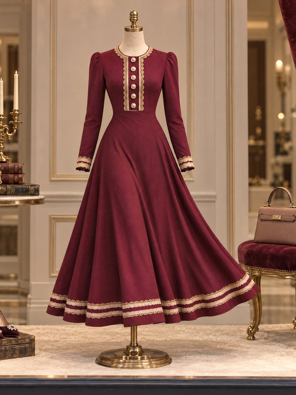 Vintage Burgundy Lace Trim Button Front Maxi Dress