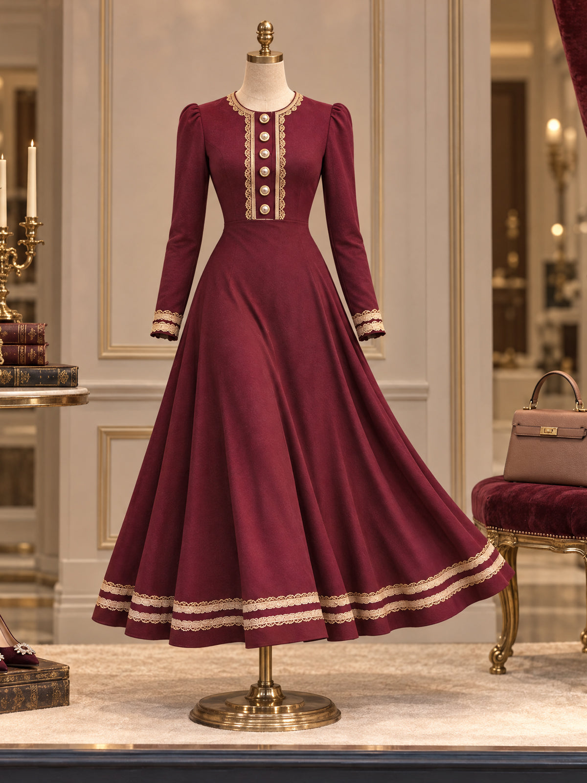 Vintage Burgundy Lace Trim Button Front Maxi Dress