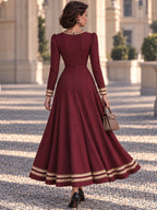 Vintage Burgundy Lace Trim Button Front Maxi Dress
