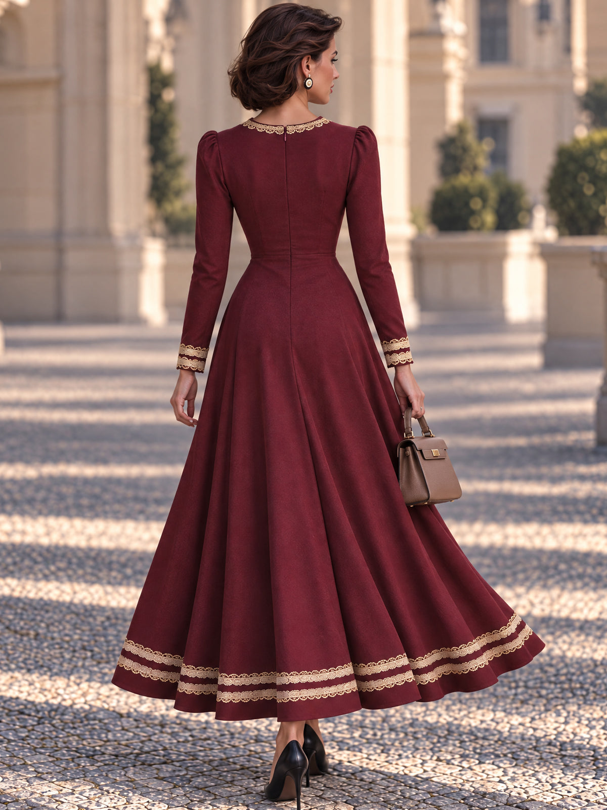Vintage Burgundy Lace Trim Button Front Maxi Dress