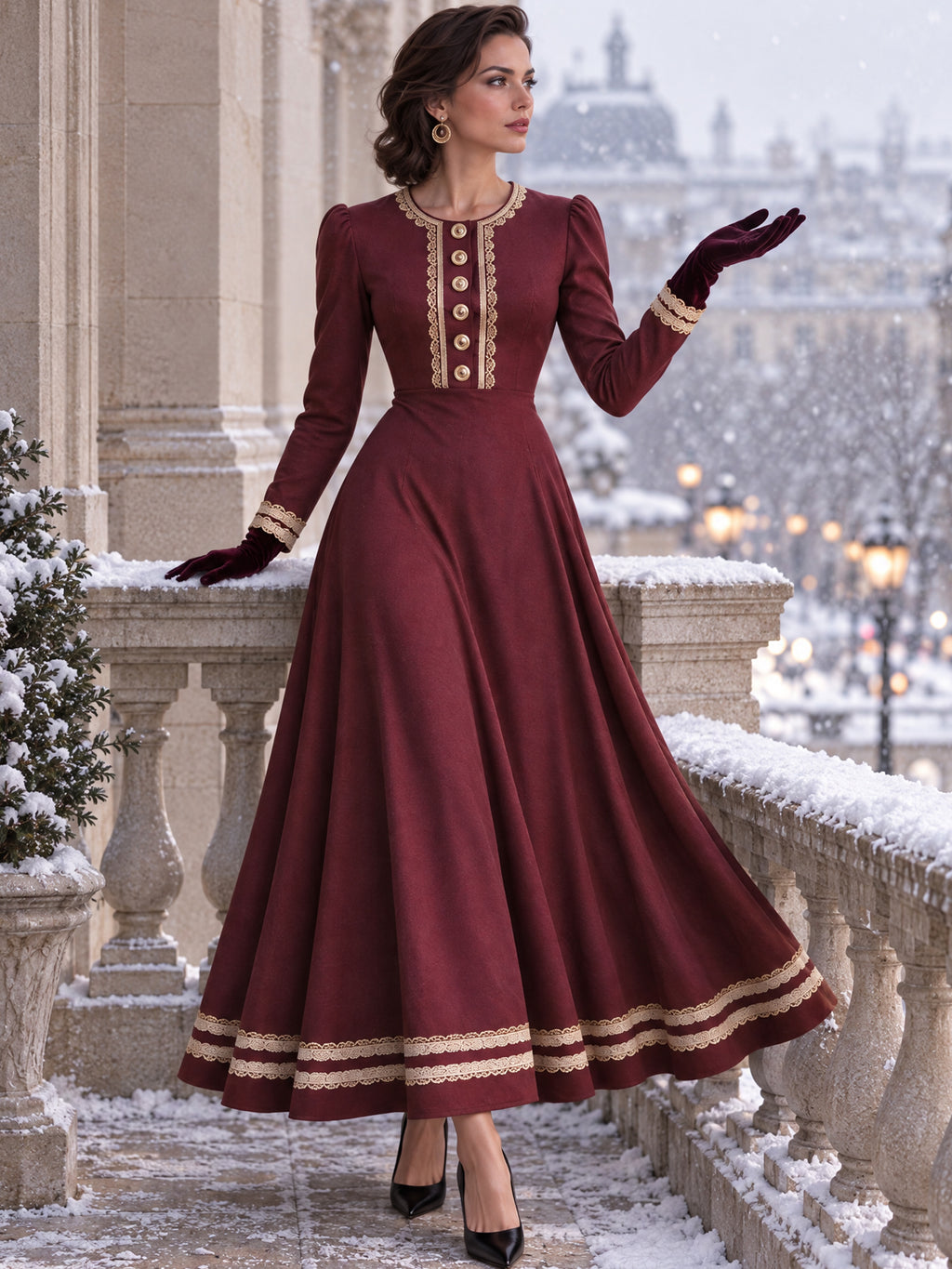 Vintage Burgundy Lace Trim Button Front Maxi Dress