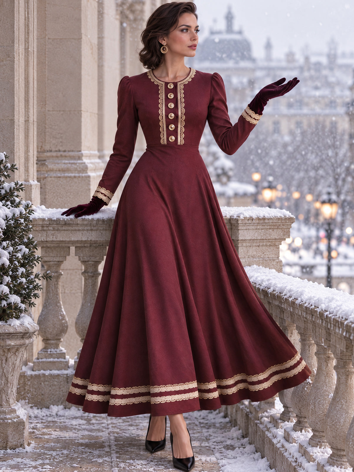 Vintage Burgundy Lace Trim Button Front Maxi Dress
