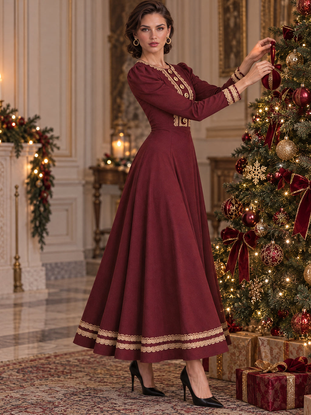 Vintage Burgundy Lace Trim Button Front Maxi Dress