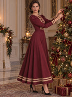 Vintage Burgundy Lace Trim Button Front Maxi Dress