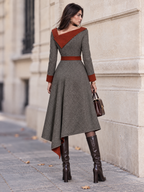 Vintage Tweed Rust Trim Long Sleeve Irregular Hem Dress