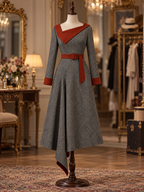 Vintage Tweed Rust Trim Long Sleeve Irregular Hem Dress