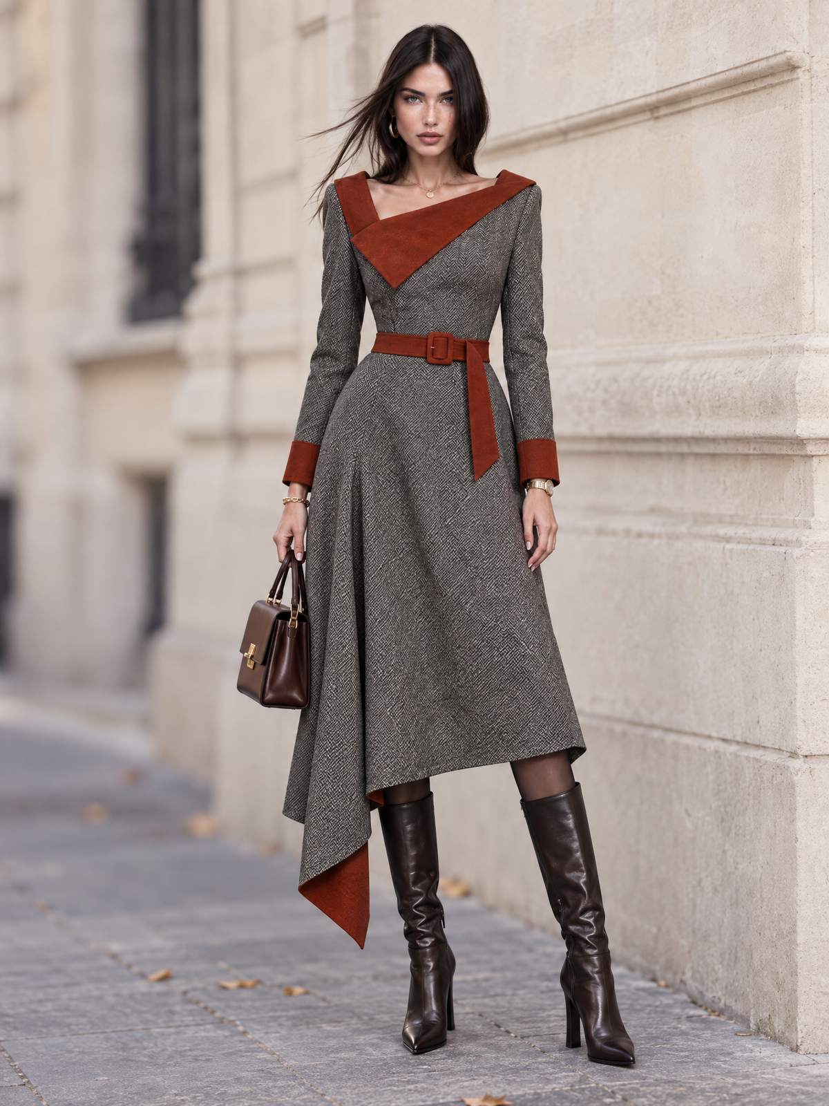 Vintage Tweed Rust Trim Long Sleeve Irregular Hem Dress