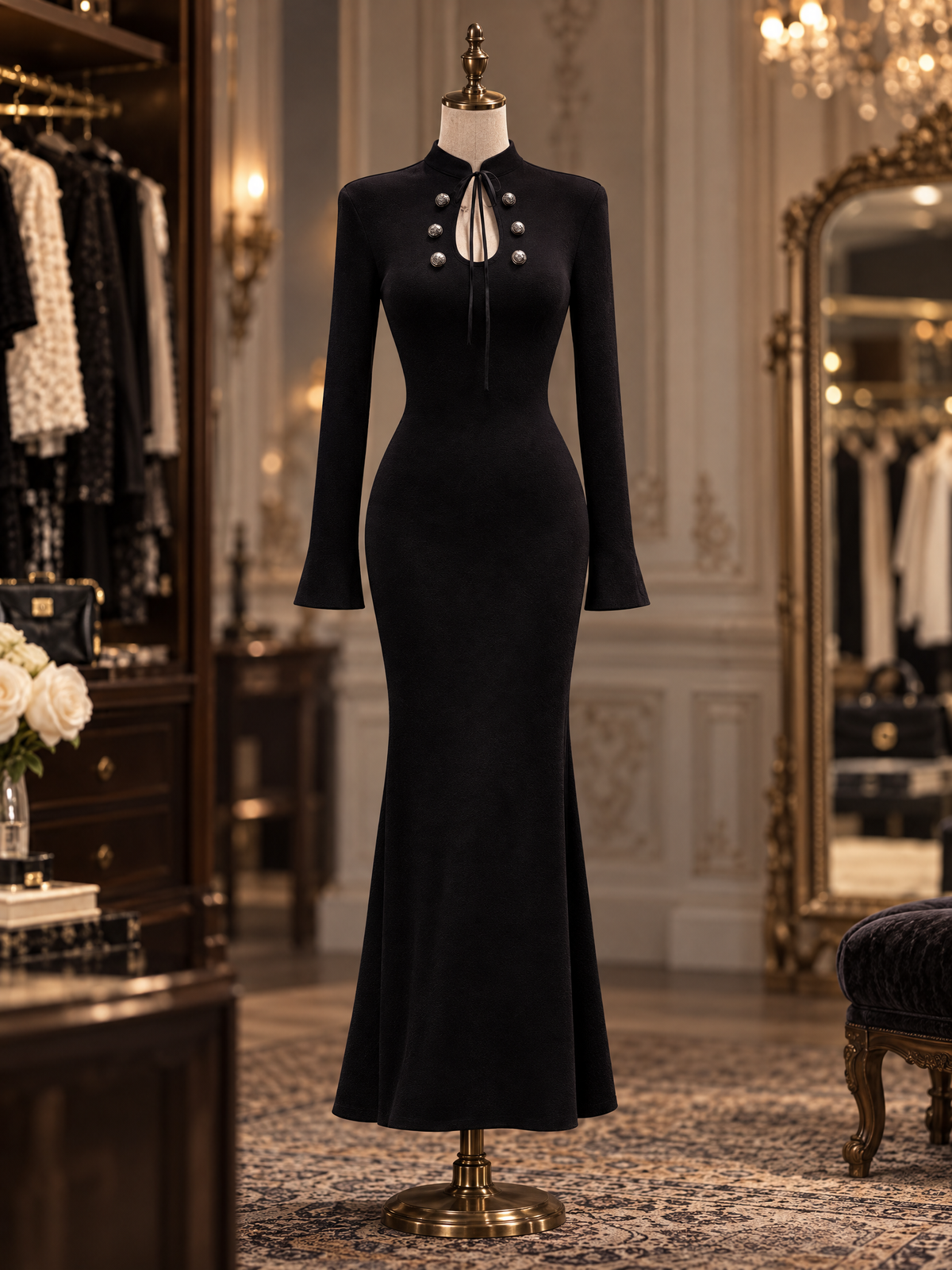 Vintage Black Stand Collar Tie Cutout Mermaid Maxi Dress