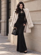 Vintage Black Stand Collar Tie Cutout Mermaid Maxi Dress