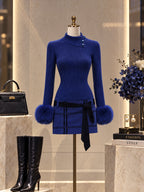 Vintage Blue Ribbed Knit Faux Fur Cuff Dress