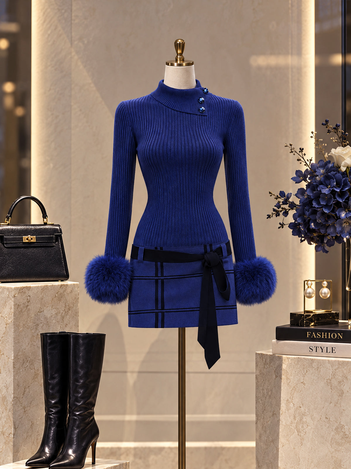 Vintage Blue Ribbed Knit Faux Fur Cuff Dress