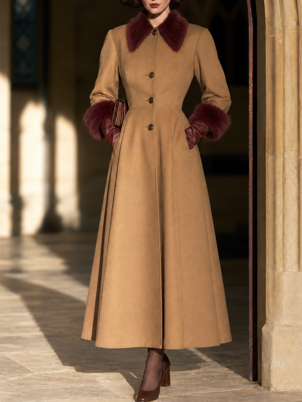 Vintage wool blend Camel Longline Button-Front Burgundy Plush Collar Coat