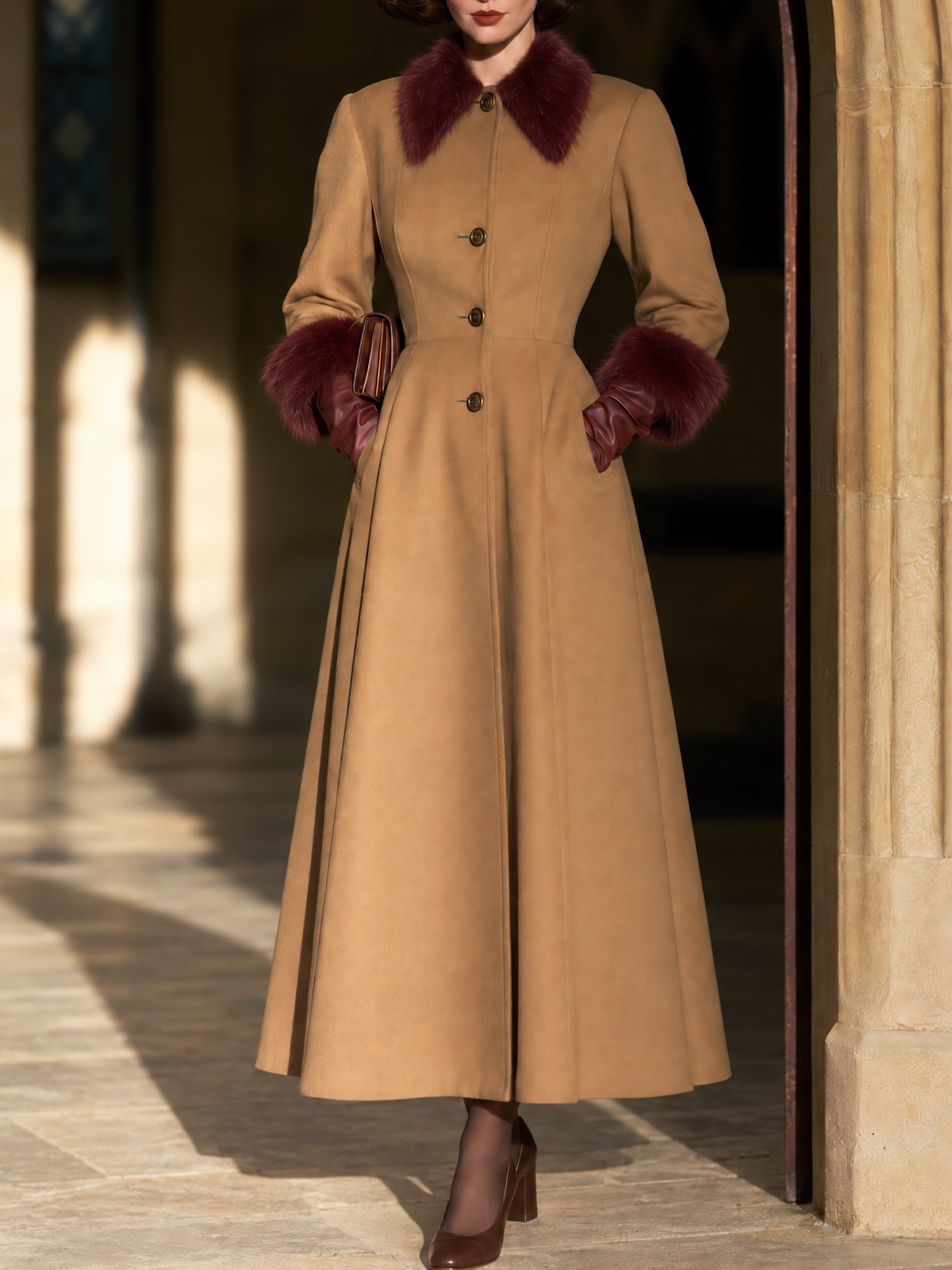 Vintage wool blend Camel Longline Button-Front Burgundy Plush Collar Coat