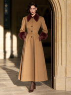 Vintage wool blend Camel Longline Button-Front Burgundy Plush Collar Coat