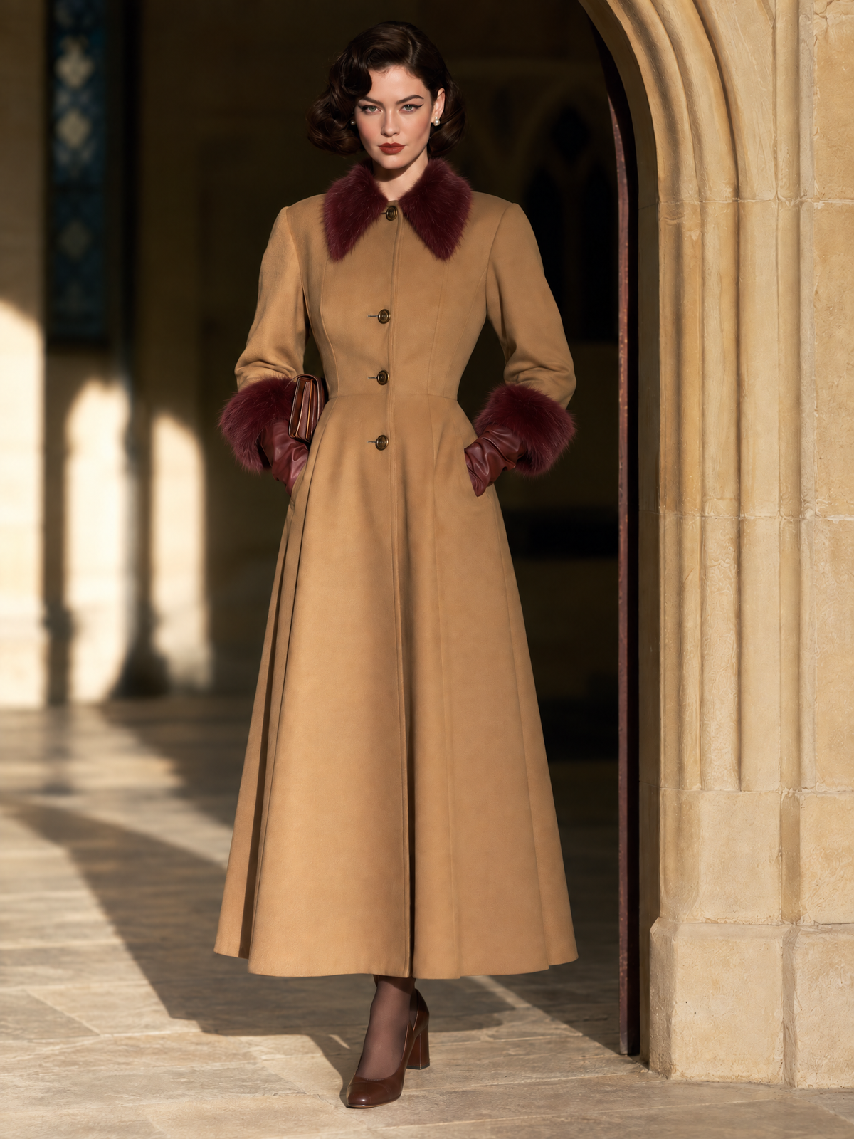 Vintage wool blend Camel Longline Button-Front Burgundy Plush Collar Coat