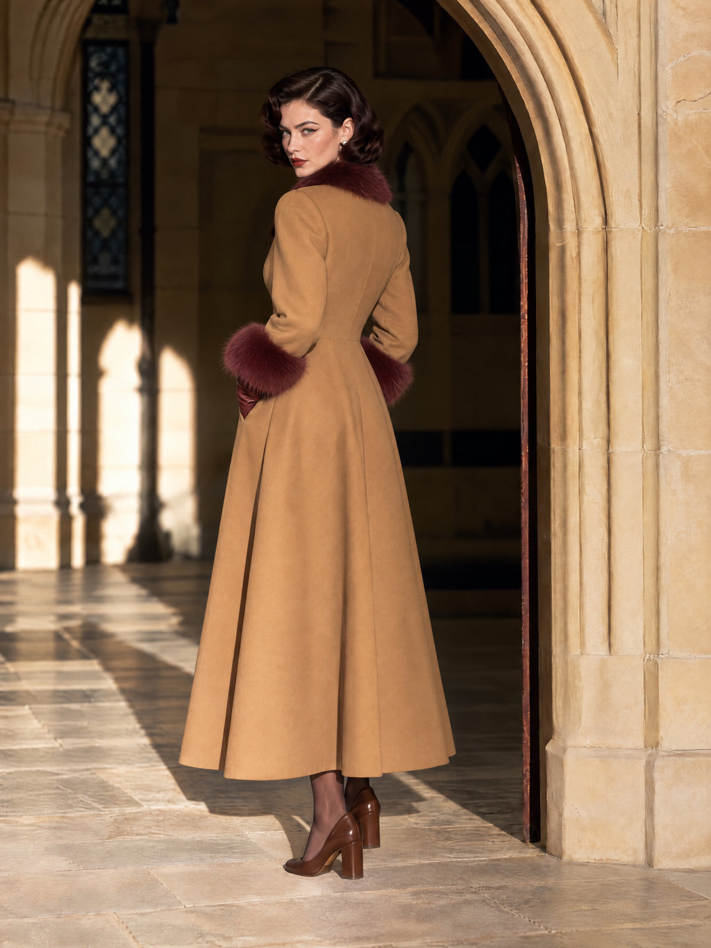 Vintage wool blend Camel Longline Button-Front Burgundy Plush Collar Coat