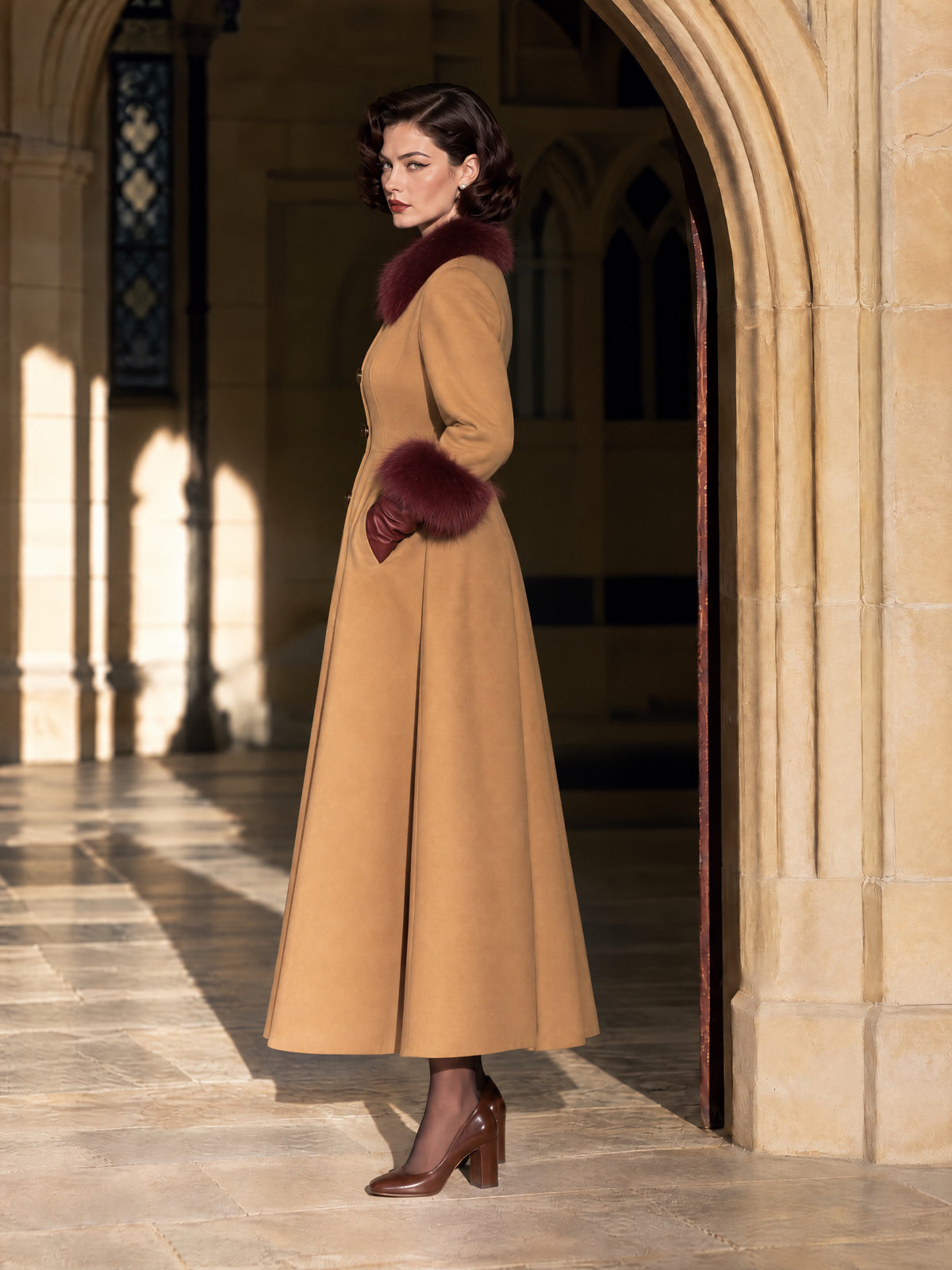 Vintage wool blend Camel Longline Button-Front Burgundy Plush Collar Coat