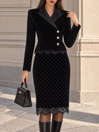 Vintage Black Velvet Blazer Skirt Set