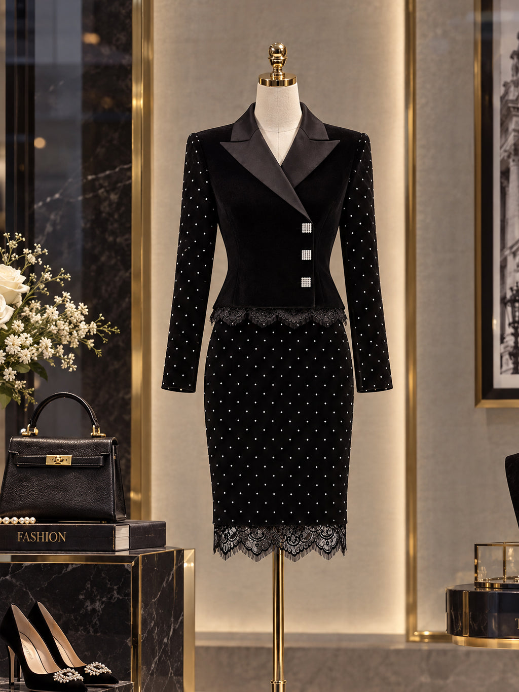 Vintage Black Velvet Blazer Skirt Set
