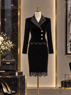 Vintage Black Velvet Blazer Skirt Set
