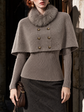 Vintage Faux Two-Piece Double Breasted Fur Collar Cape Knit Top