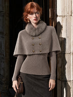 Vintage Faux Two-Piece Double Breasted Fur Collar Cape Knit Top
