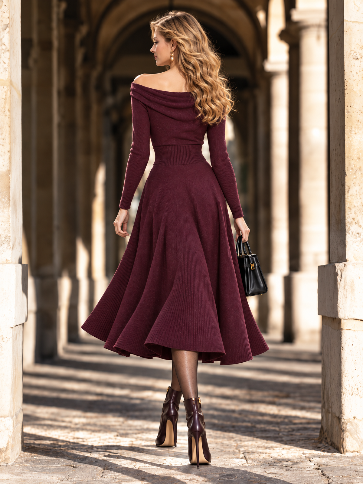 Vintage One-Shoulder Turtleneck Swing Knit Midi Dress