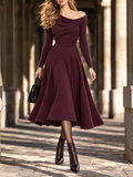 Vintage One-Shoulder Turtleneck Swing Knit Midi Dress