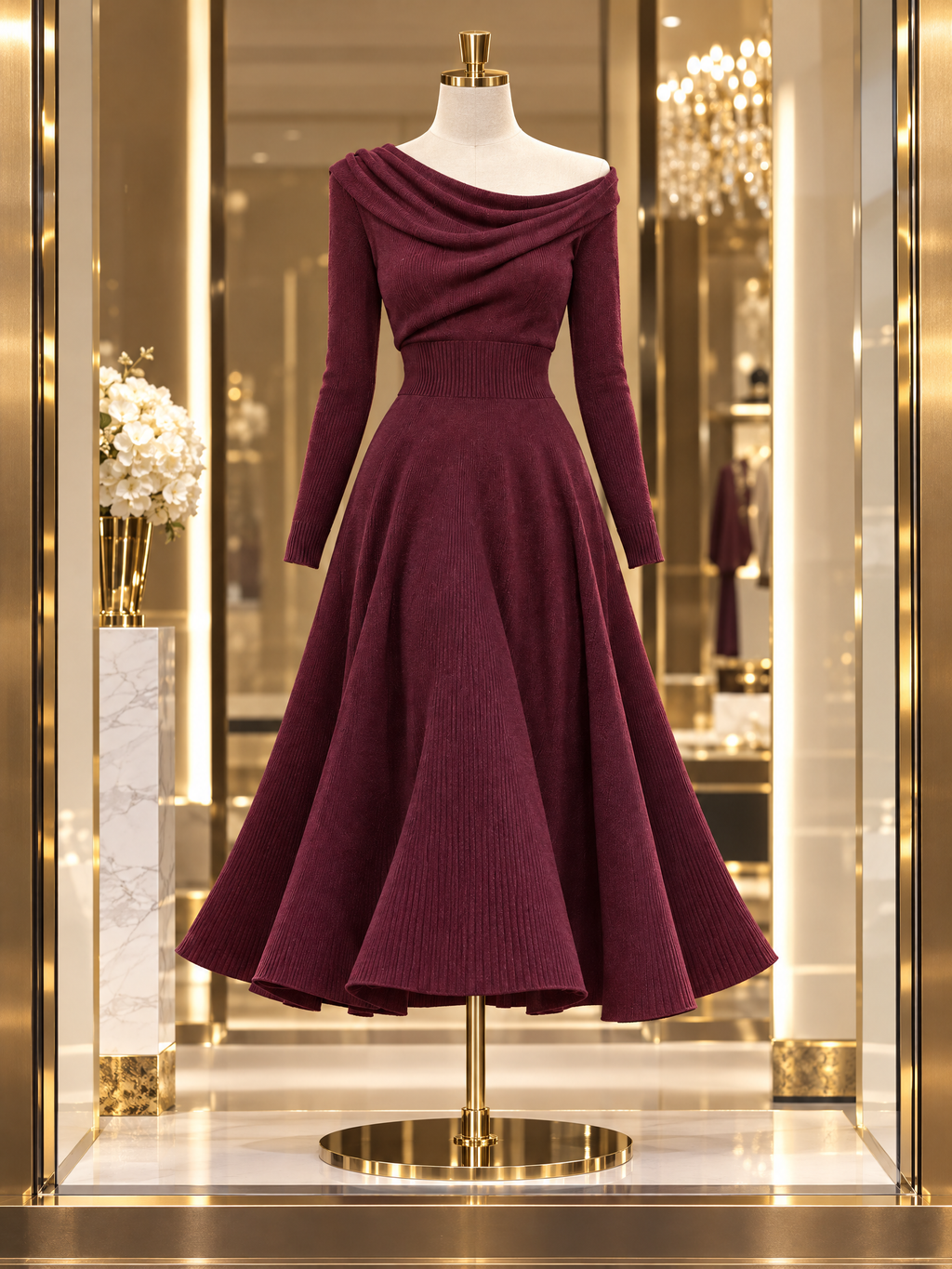 Vintage One-Shoulder Turtleneck Swing Knit Midi Dress