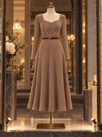 Vintage Asymmetrical Ruched Square Neck Swing Midi Dress