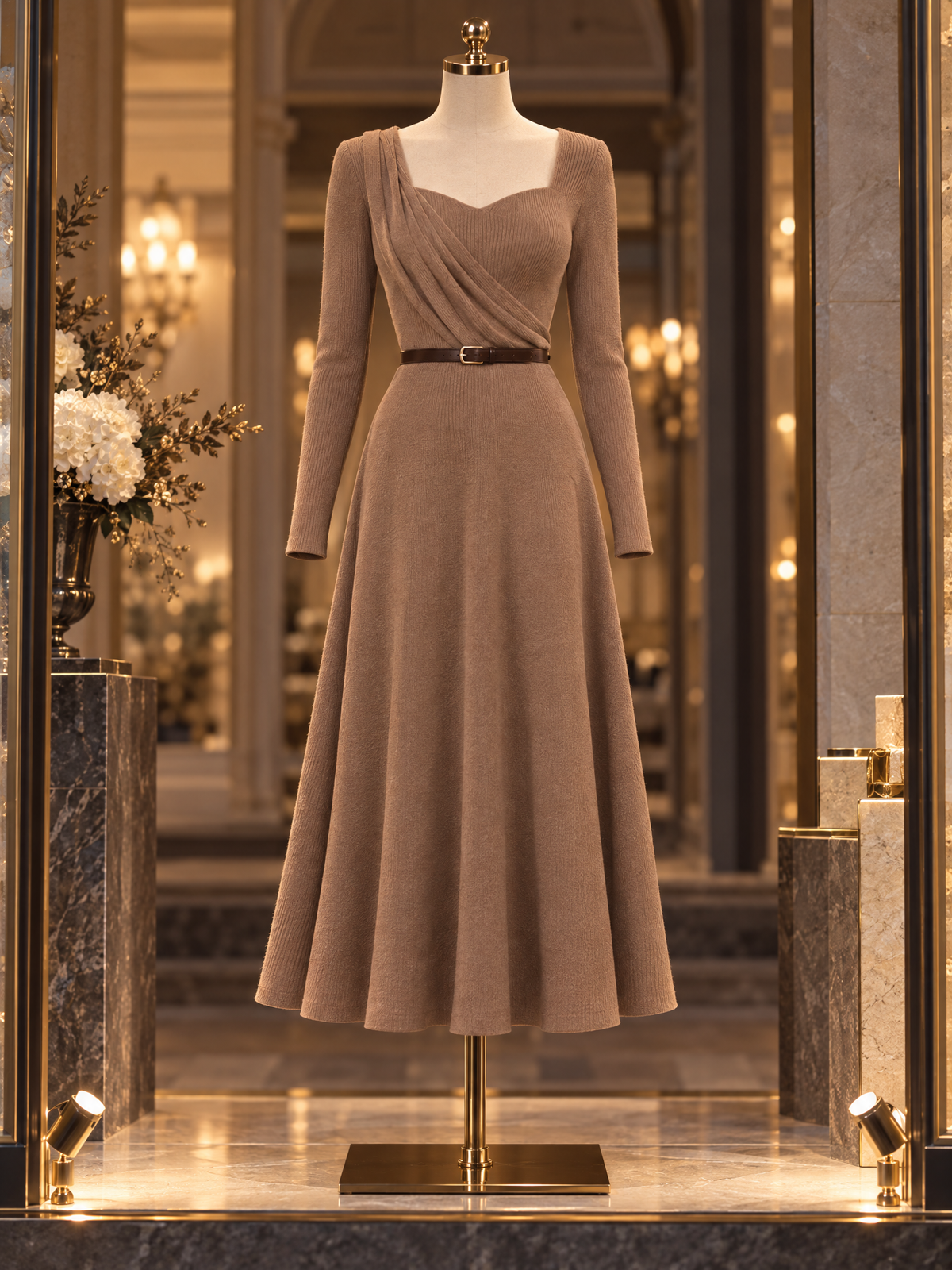 Vintage Asymmetrical Ruched Square Neck Swing Midi Dress