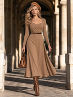 Vintage Asymmetrical Ruched Square Neck Swing Midi Dress